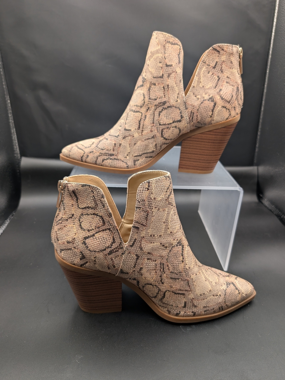Rouge! Tan Snake-Print Cutout Ankle Booties with Stacked Heel